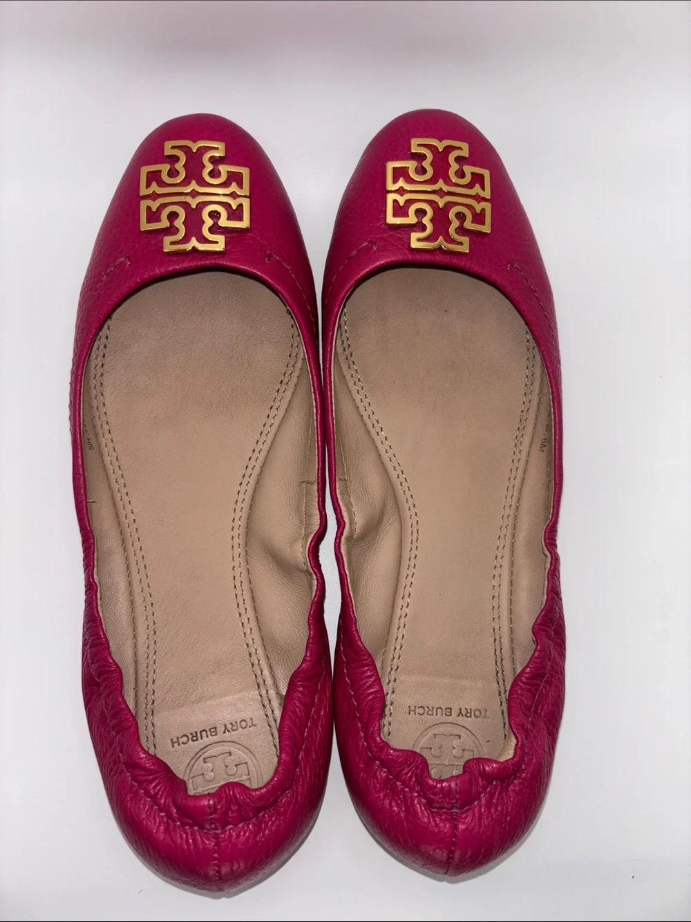 Tory Burch Hot Pink Leather Logo Ballet Flats with Gold Emblem